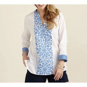 * Vineyard Vines Xanadu Tunic White Blue Embroidered Caftan Blouse size Large